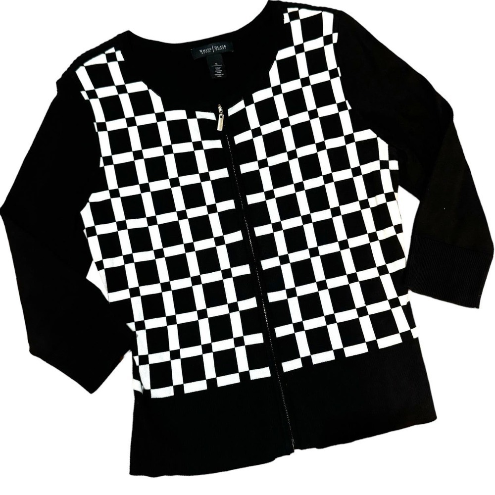 White House Black Market Checkered Zip Up Cardigan Sweater Size Medium